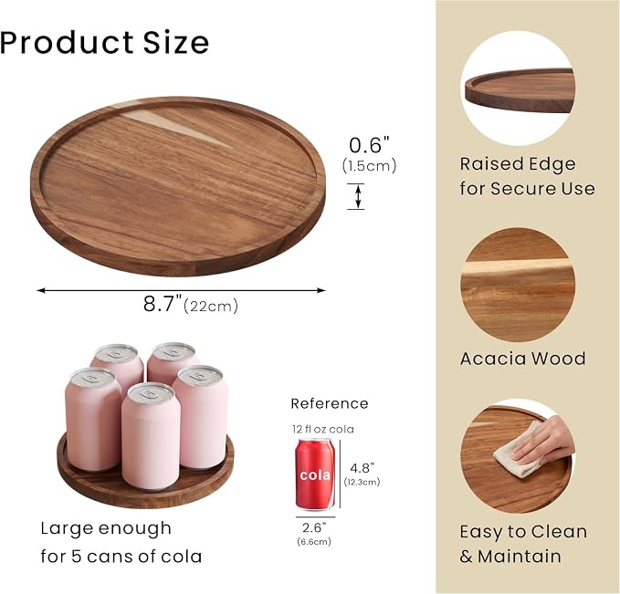 VERTORGAN Acacia Wood Serving Tray, 8.7 Inch Decorative Trays Platter - Image 6