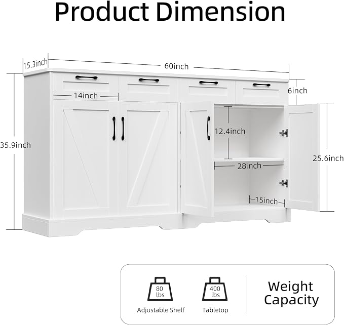 60" Farmhouse Buffet Cabinet - Image 2