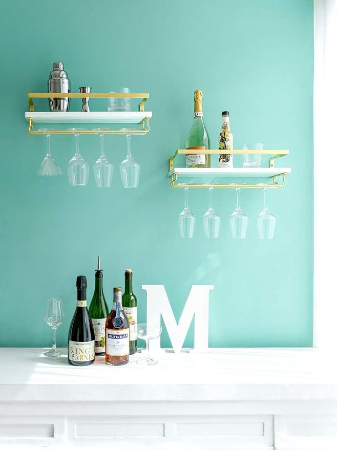 Mkono Wall Mounted Wine Rack Set of 2 White Wood Wine Bottle Glass Holder - Image 3