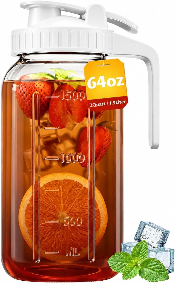64oz Mason Jar Pitcher with Airtight Leakproof Lid and Pour Spout, 2 Quart by VA1KENE