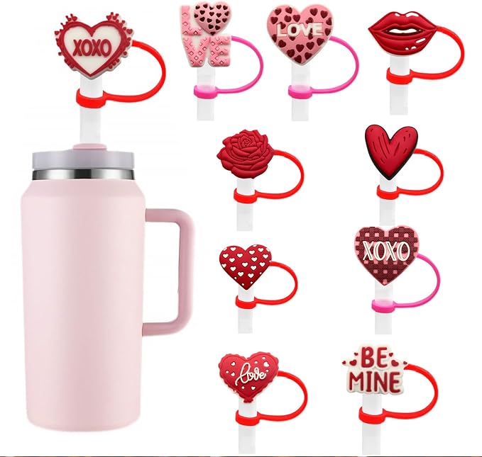 10Pcs Valentine's Day Straw Covers Cap Toppers Heart Lips Rose Reusable by Gieehiol
