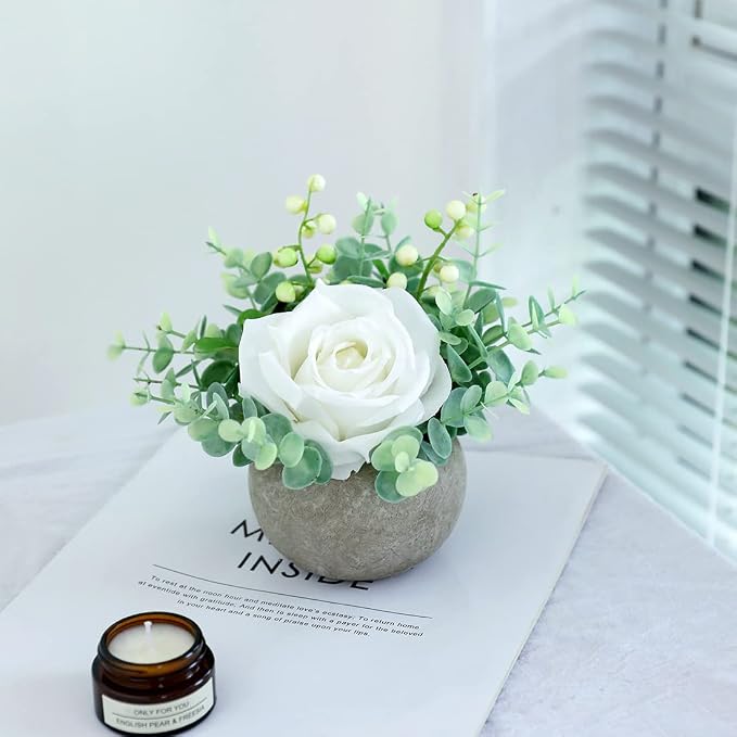 Small Artificial White Rose Potted Plant, Mini Faux Floral Arrangement - Image 4