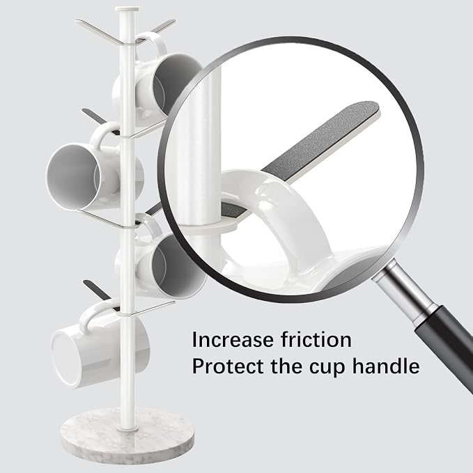 Gypie Mug Holder Tree with Marble Base, 8 Hooks White Coffee Cups Holder Stand - Image 4