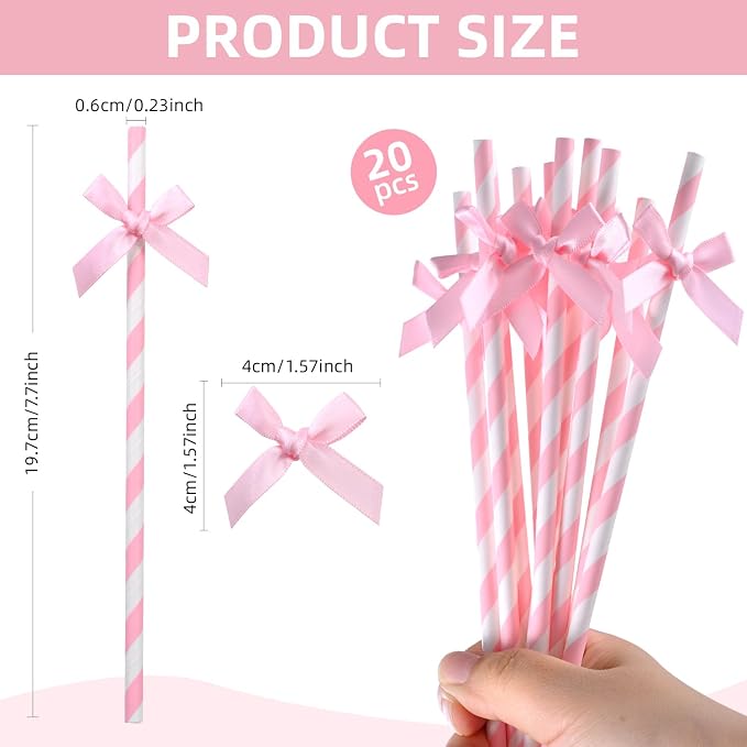 20pcs Pink Bow Straw, 7.7inch Cake Pops Treat Sticks Biodegradable Cute Paper - Image 2