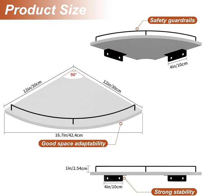JJL Corner Shelf Wall Mounted, 12 Inches 2-Tier Floating Corner Shelf, - Image 2