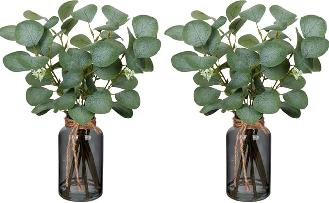 Briful Artificial Eucalyptus Stems in Black Glass Vase by Briful