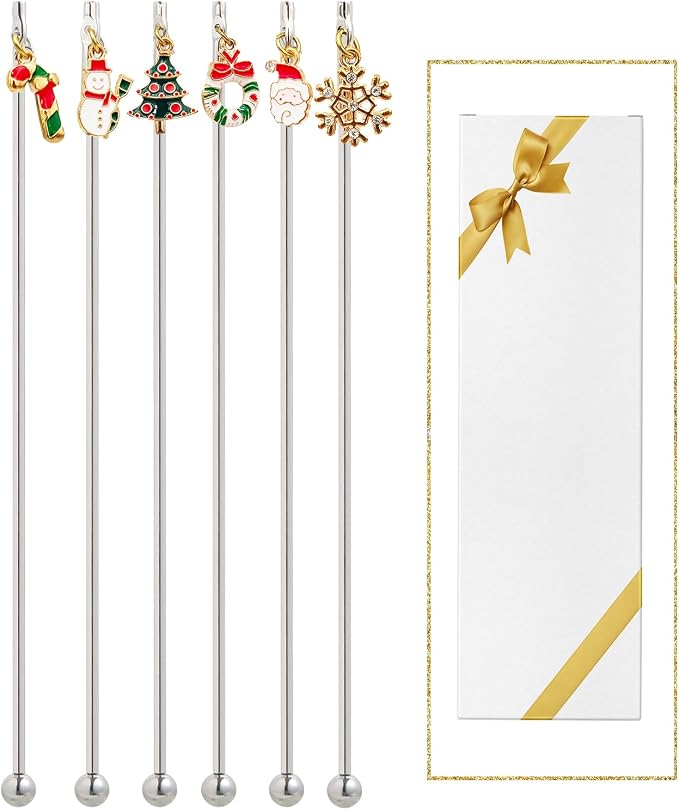 6Pcs Chrismas Charms Cocktail Stirrers Swizzle Sticks Stainless Steel 7.5" by GaryVault