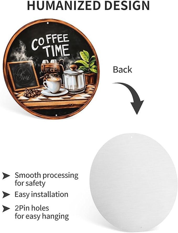 Coffee Time Chalkboard Coffee Maker Cup Beans Plant Round Tin Sign Vintage - Image 3