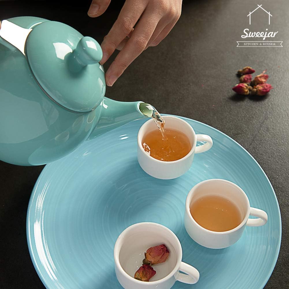 Sweejar Porcelain Teapot with Removable Stainless Steel Infuser,Microwave & Dishwasher Safe Tea Pots for Loose Tea,Tea Infuser Pots for Chrismas Women Gift (30oz Turquoise)