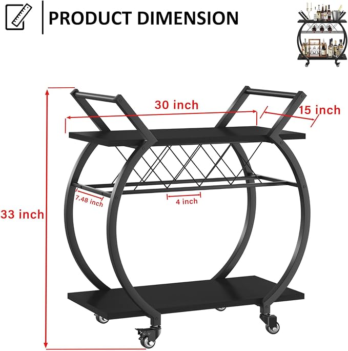 LVB Black Wine Cart with Wheels, Modern Bar Cart with Wine Rack, Industrial - Image 2