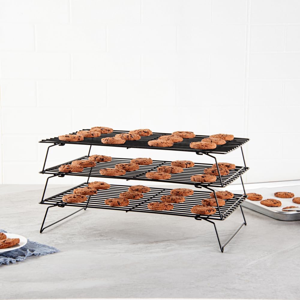 Restaurantware Met Lux 15.7 x 9.8 x 8.3 Inch Wire Baking Rack Set 1 Stackable Oven Wire Rack Set - 3-Tier Design Oven-Ready Up To 392F Black Iron Cooling Rack Set With Collapsible Feet