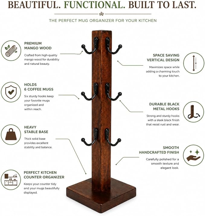 Coffee Mug Tree Stand for Countertop, Wooden Mug Holder - Image 5