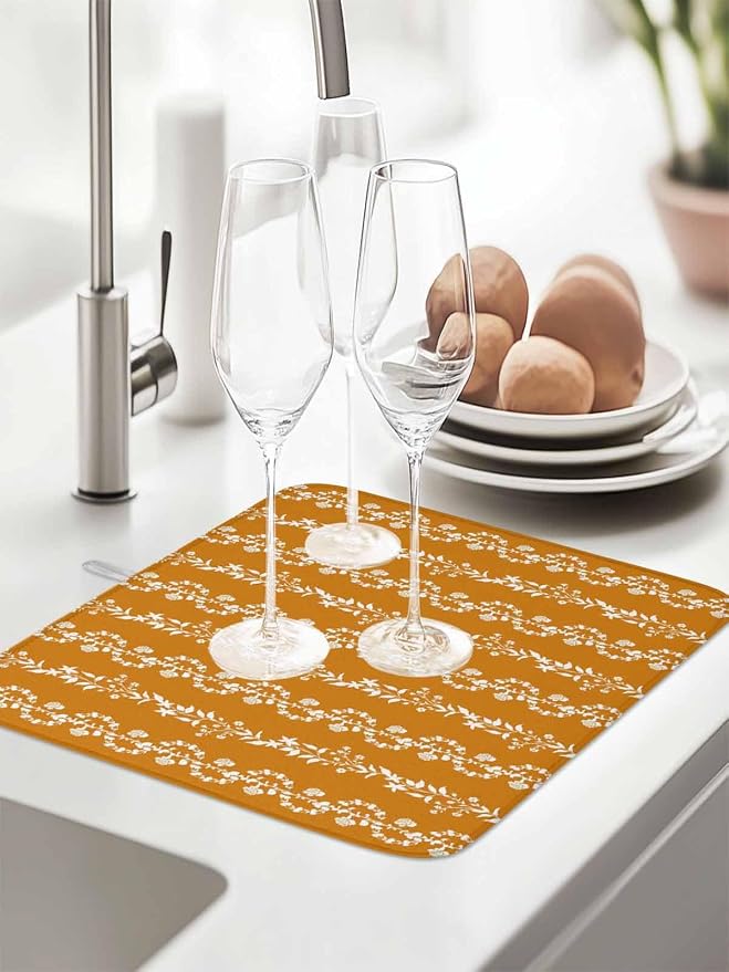 Leaves Dish Drying Mat 18x24 inch Watercolor Abstract Floral Leaf Stripes - Image 4