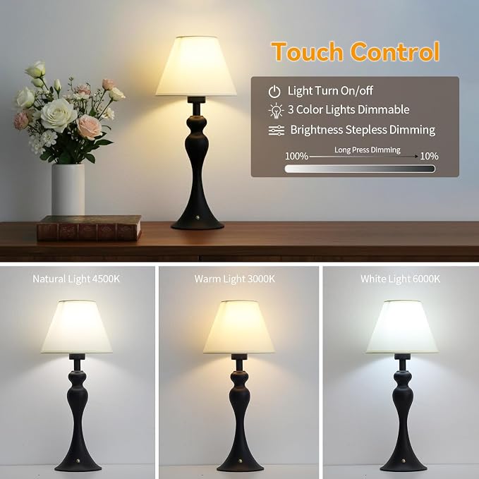 Cordless Table Lamp, Portable Fabric Shade LED Desk Lamps, 5200mAh Battery - Image 4
