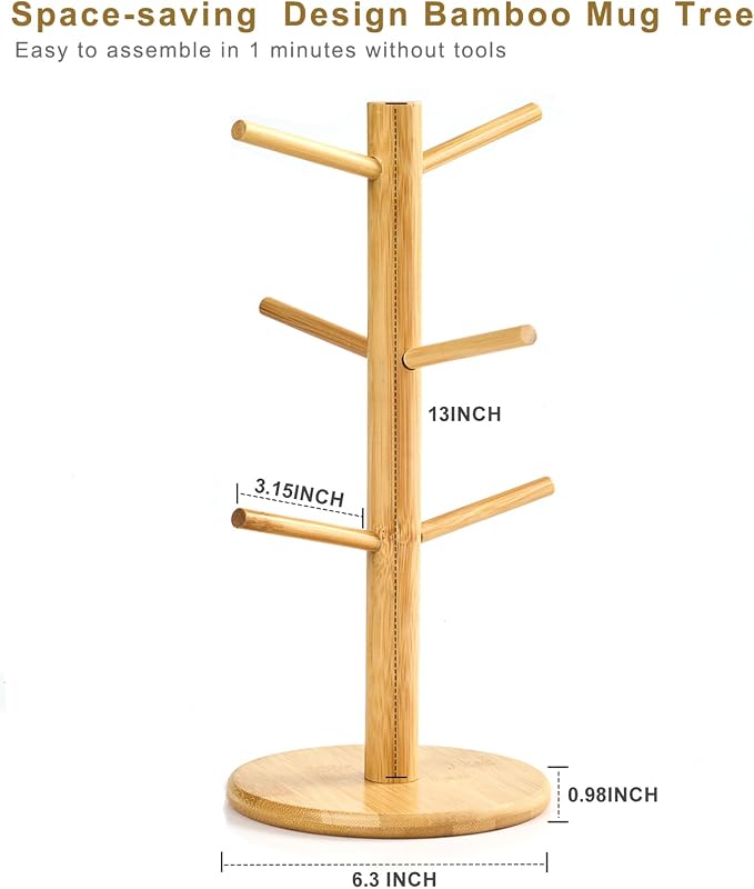 Bamboo Mug Tree for Counter, 6 Hooks Detachable Coffee Mug Holder, Decorative - Image 6