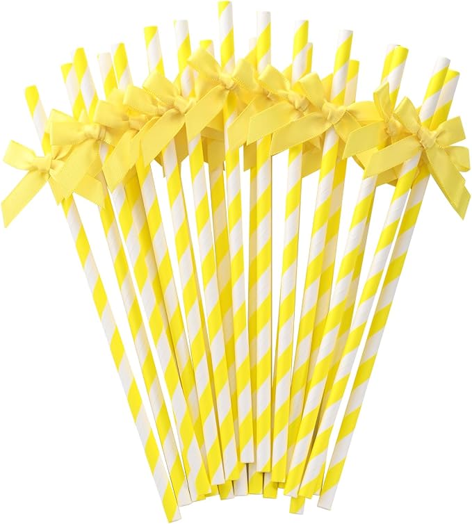 20pcs Yellow Bow Straw, 7.7inch Cake Pops Treat Sticks Biodegradable Cute Paper by Nicime