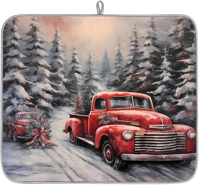 Xmas Red Truck Dish Drying Mat, Kitchen Counter Quick Dry Pads by Unknown