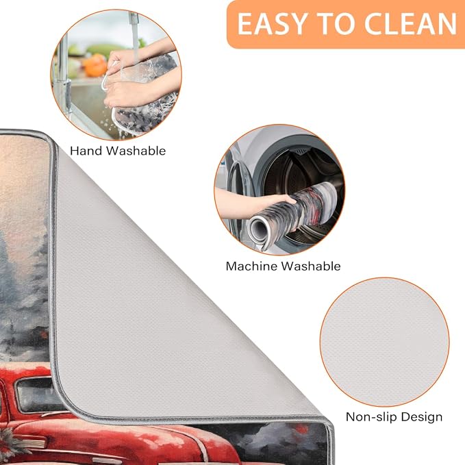 Xmas Red Truck Dish Drying Mat, Kitchen Counter Quick Dry Pads - Image 4