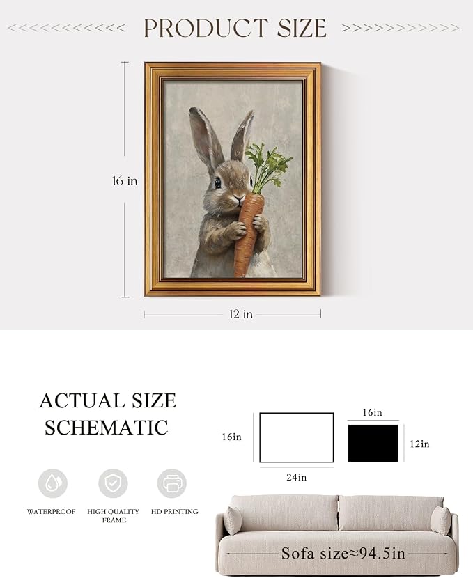 ARPEOTCY Gold Framed Canvas Wall Art, 12x16 Inch, Easter Bunny Rabbit Holding - Image 2