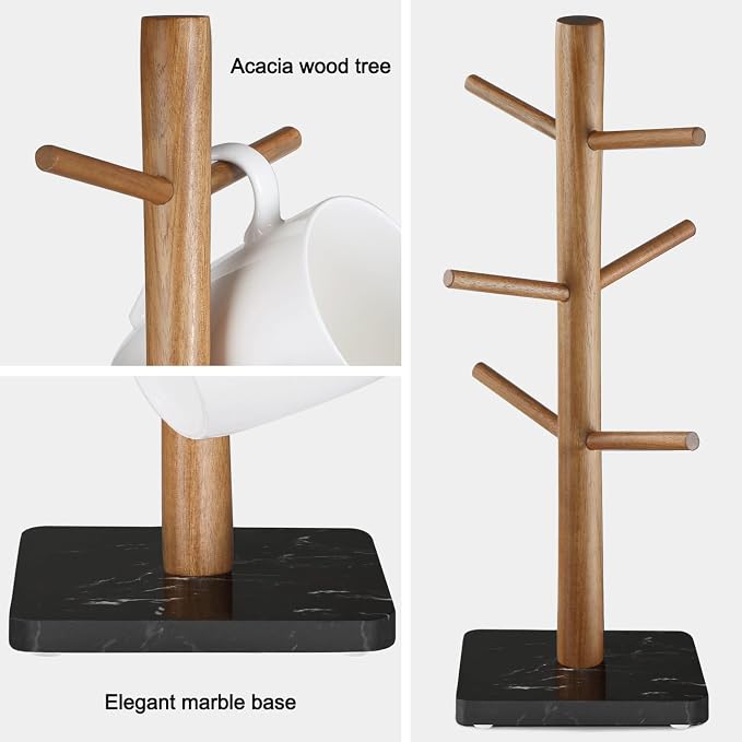 Buruis Wood Mug Holder, Marble Base Cup Rack Tree, Kitchen Coffee Mug Tree - Image 3