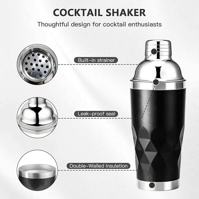 20oz Insulated Cocktail Shaker Black -Double Wall Vacuum, Built-In Strainer & - Image 3