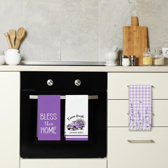 WwongxianB Bless This Home Lavender Kitchen Towels Decorative Set of 3 - Image 4