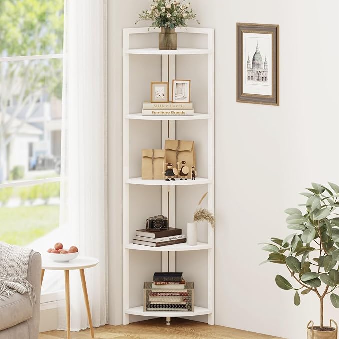 FATORRI Tall Corner Shelf, 5 Tier Modern Corner Bookshelf Stand, Wood and Metal by FATORRI