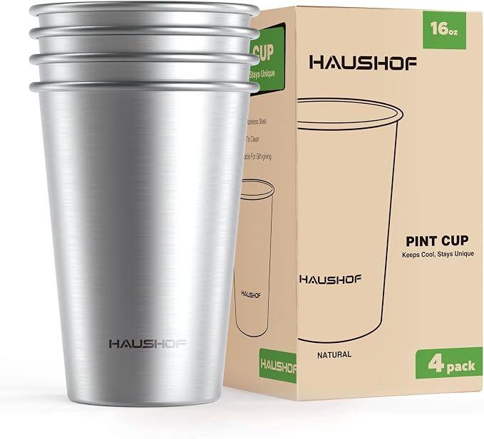 HAUSHOF Pint Cup, 16 oz Stainless Steel Cups, Stackable Metal Drinking Cups by HAUSHOF