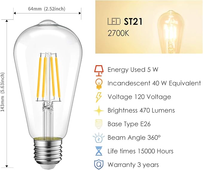 LVWIT Vintage LED Light Bulb, Dimmable 5W, ST21 Edison Style LED Filament Bulbs - Image 4