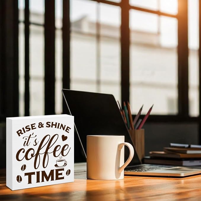 Coffee Bar Decor, Farmhouse Cafe Wooden Sign, Rise & Shine It's Coffee Time - Image 6