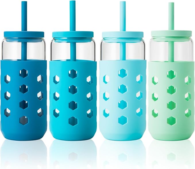 Mrsdry Glass Cups with Lids and Straws, 20oz Drinking Glasses Set with Silicone by Mrsdry