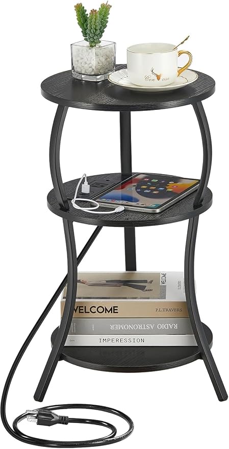 Small Round Side Table with Charging Station, 3-Tier Waist Circular End Table by YEAKOO