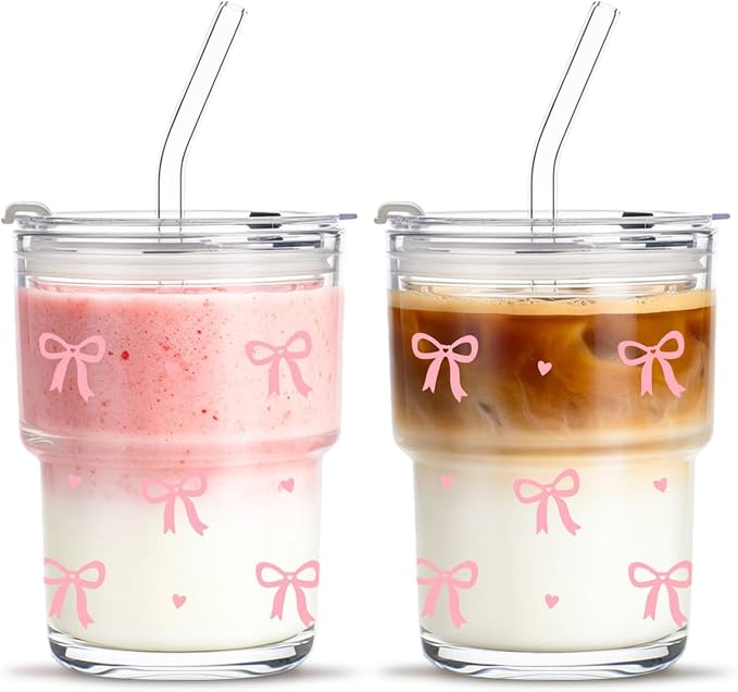 INSETLAN 13oz Bow Decal Glass Tumblers Set of 2, Thick Wall Glass Cups by INSETLAN
