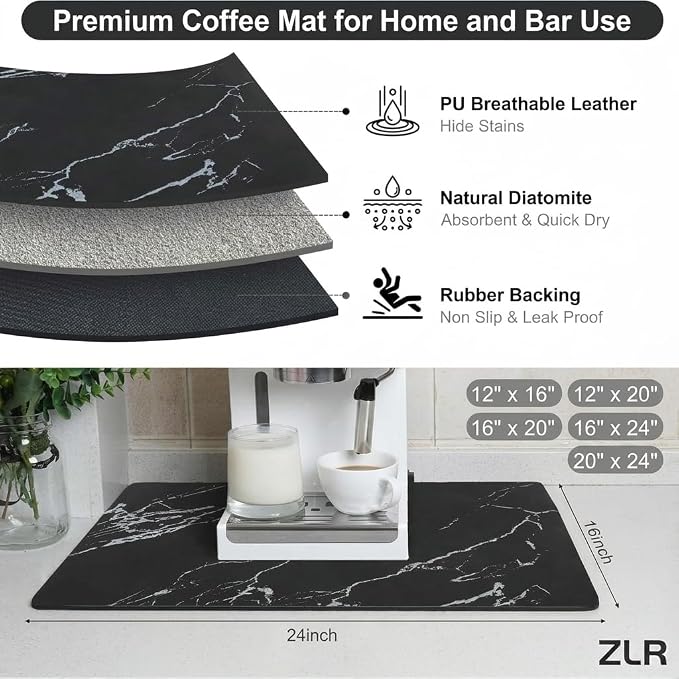 ZLR Large Coffee Bar Mat for Coffee Station, Marble Black | Oversized Counter - Image 2