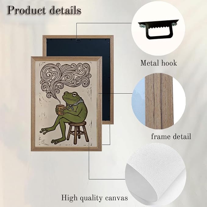 JQ7OL Whimsical Wall Art Frog Drinking Coffee Wall Art Wood Framed Funny - Image 6