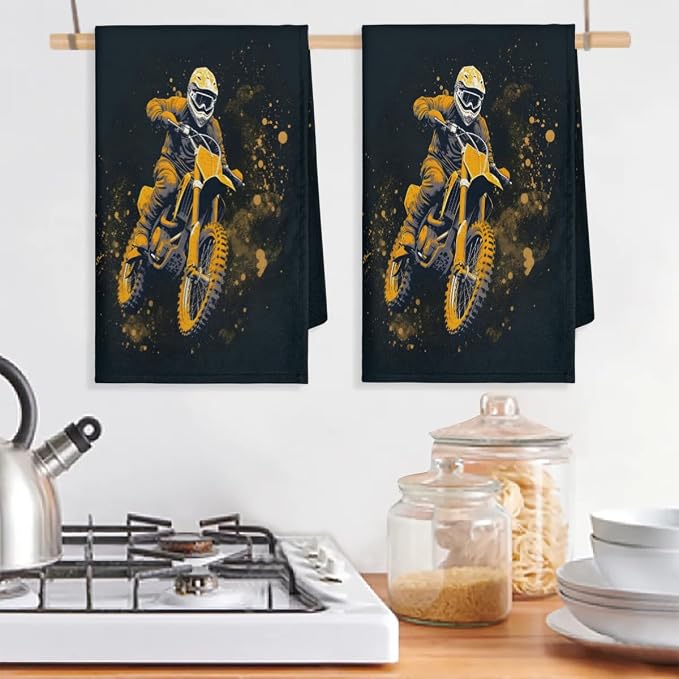 Yellow Motorcycle Kitchen Towels Set of 2 Absorbent Drying Dish Towels - Image 5