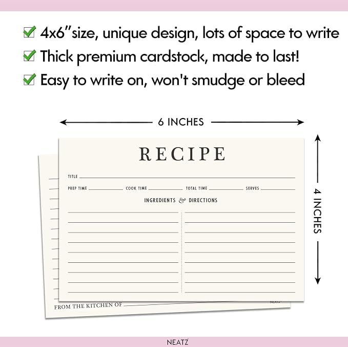 Neatz Classic Recipe Cards, 4x6 Inches, Double Sided. Thick Card Stock. Perfect - Image 6