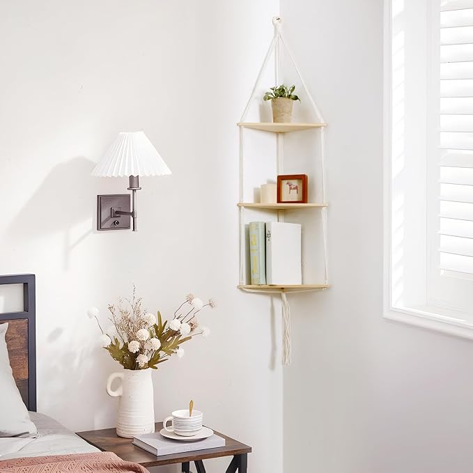Artilady White Corner Floating Shelves Wall Hanging- Macrame 3 Tier Corner - Image 3