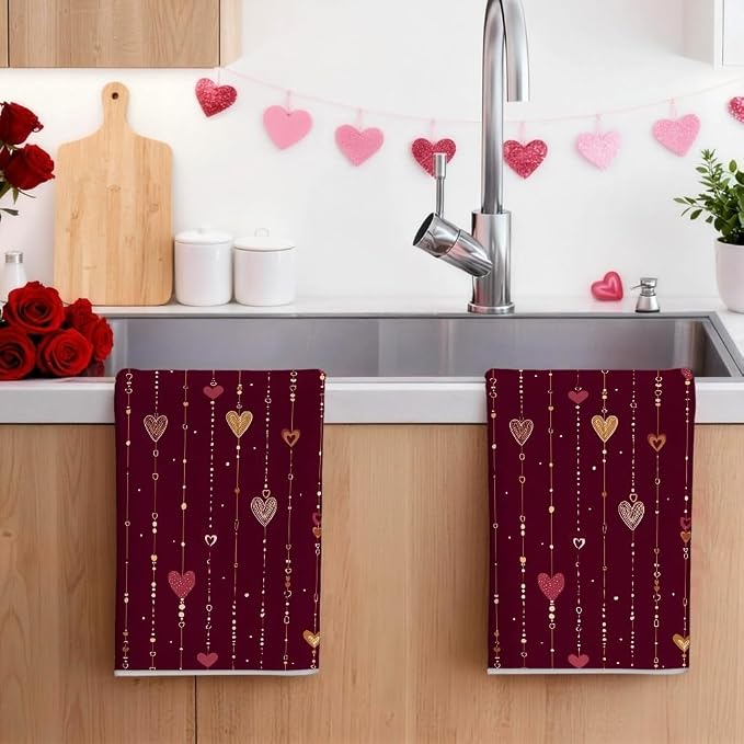 Hearts Kitchen Towels Set of 2, Romantic Modern Strings Dots Valentine's Day - Image 5