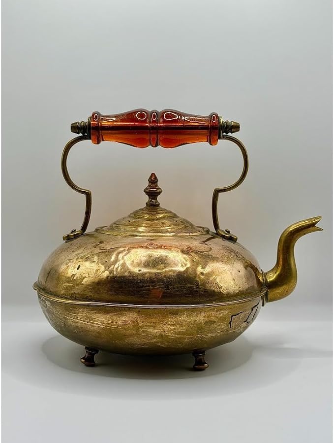 Antique Brass Toddy Kettle, Amber Handle, Footed Copper Tea Kettle, Teapot - Image 6
