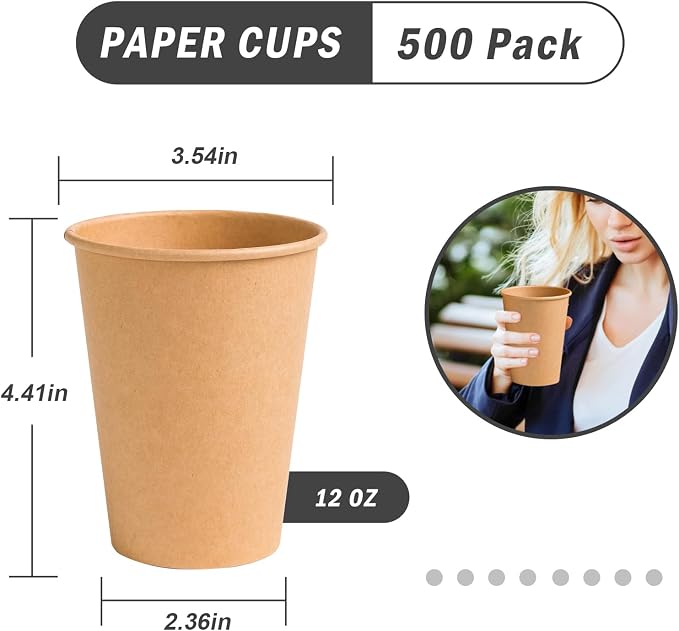 Lamosi 500 Count 12 oz Kraft Paper Cups, Disposable Hot/Cold Paper Coffee Cups - Image 2