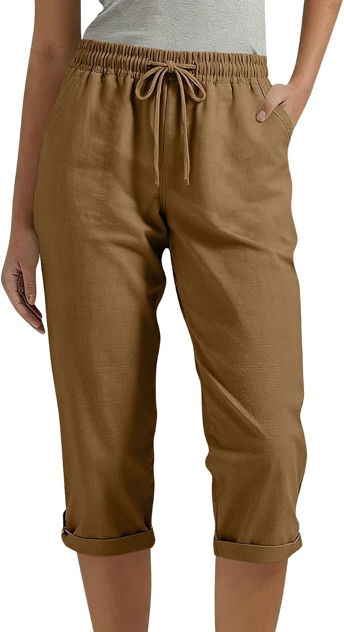Drawstring Capri Linen Pants Women Elastic Waist Straight Leg Pant Summer Beach by Unknown
