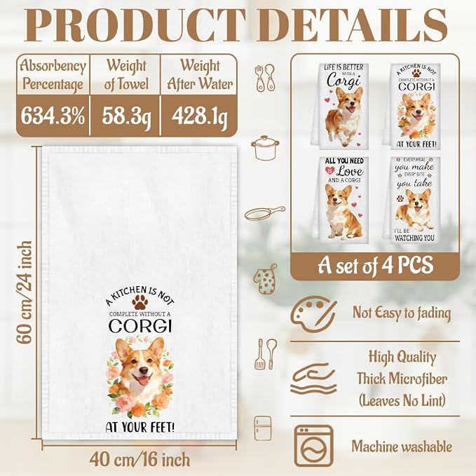WADORN 4 Styles Funny Corgi Kitchen Towels Set - Image 2