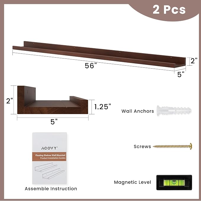 Acovy Long Floating Shelves for Wall, 55 inch Solid Wood Picture Ledge Shelf - Image 3
