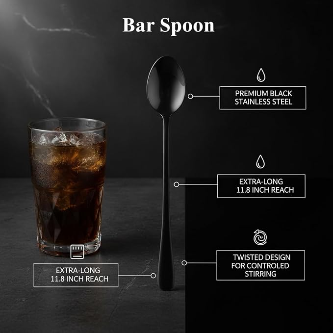 Multipurpose Black Stainless Steel Bar Spoon, 11.8 Inch Long Handle Mixing Tool - Image 4