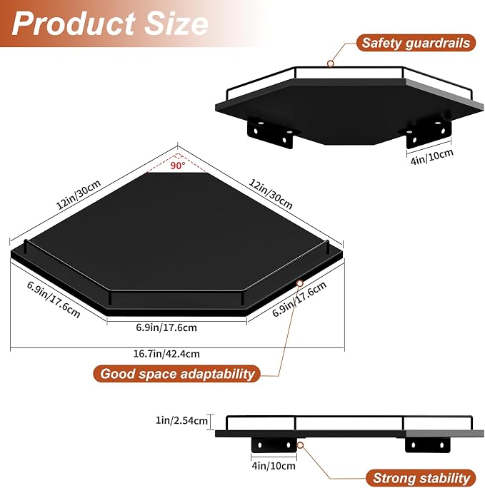JJL Corner Shelf Wall Mounted, 12 Inches 2-Tier Floating Corner Shelf, Hexagon - Image 2