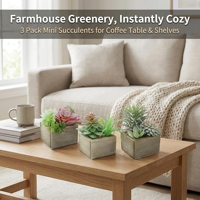Succulent Plants Artificial, 3 Pack Small Fake Plants in Wood Pot - Image 3