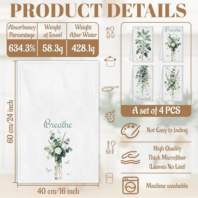 WADORN 4Pcs Sage Green Eucalyptus Leaves Kitchen Towels, Funny Breathe Unwind - Image 2