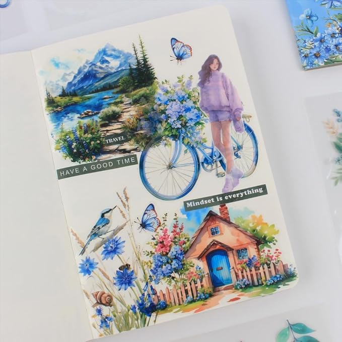 30 Sheets Precut Blue Flower Garden Landscape Stickers Book - Image 4