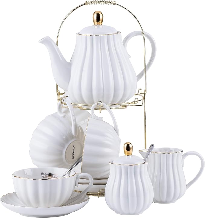 Jusalpha Porcelain Tea Set- 8 OZ White Coffee Cup/Teacup, Teapot and Creamer set by Jusalpha